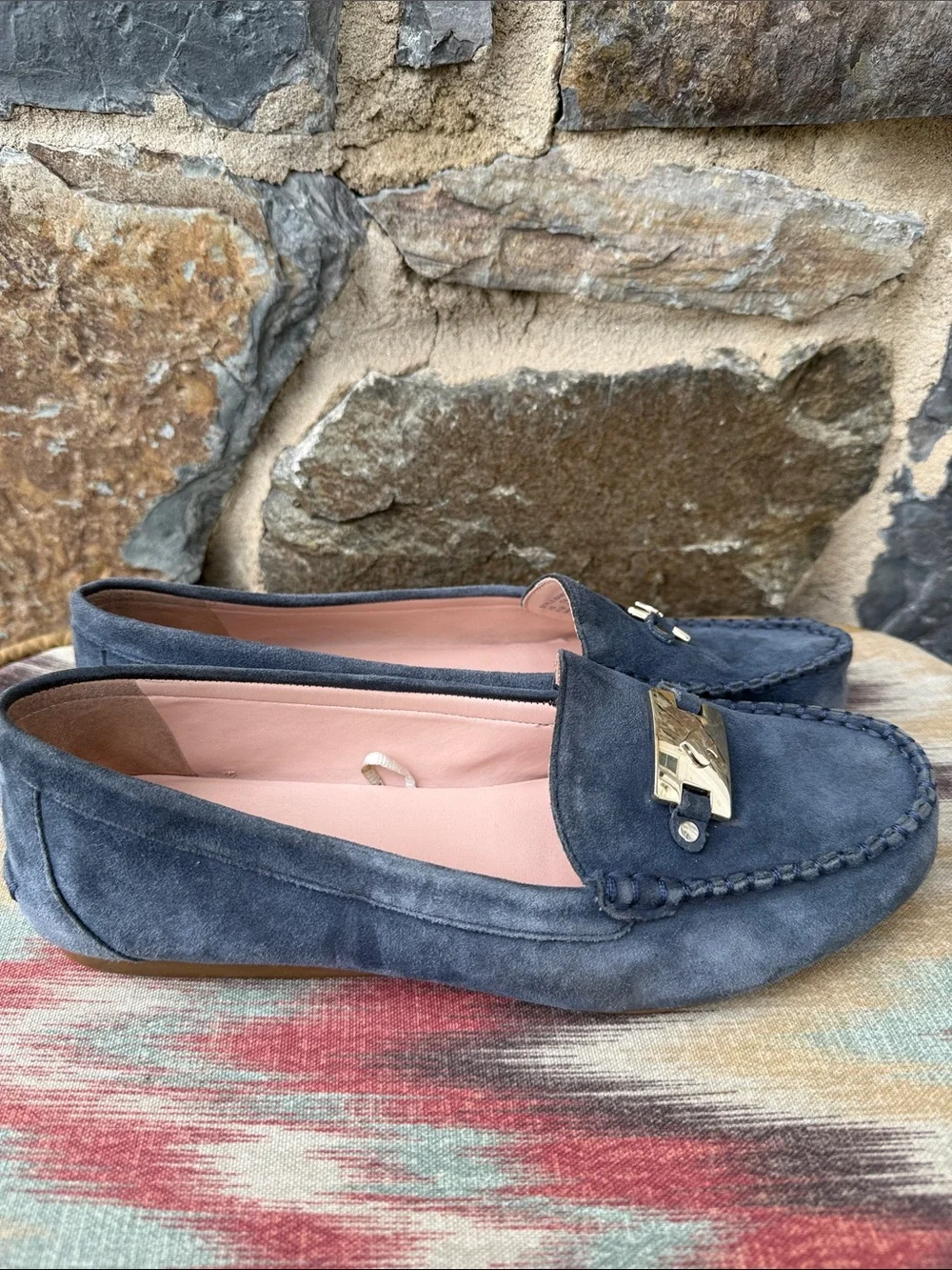 Kate Spade 'Carmen' Suede Moccasin Loafers in Blue with Gold Accent Size 8.5